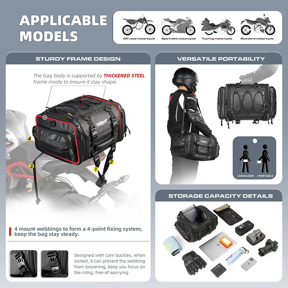 Rhinowalk 19-26L Weather Resistant Motorcycle Tail Bag - OEM