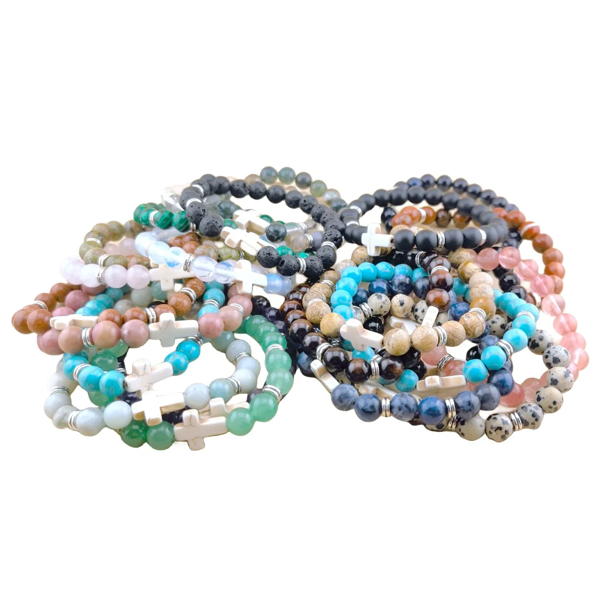 Bracciale Elastico Uomo E Donna In Pietra Lavica E Turchese 8 Mm Con Croce Religiosa - Regalo Simbolico - 3