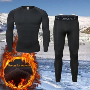 Men's Thermal Base Underwear Quick-Drying Fleece-Lined Sportswear Sets for Outdoor Skiing Running Solid Print Skinny Winter