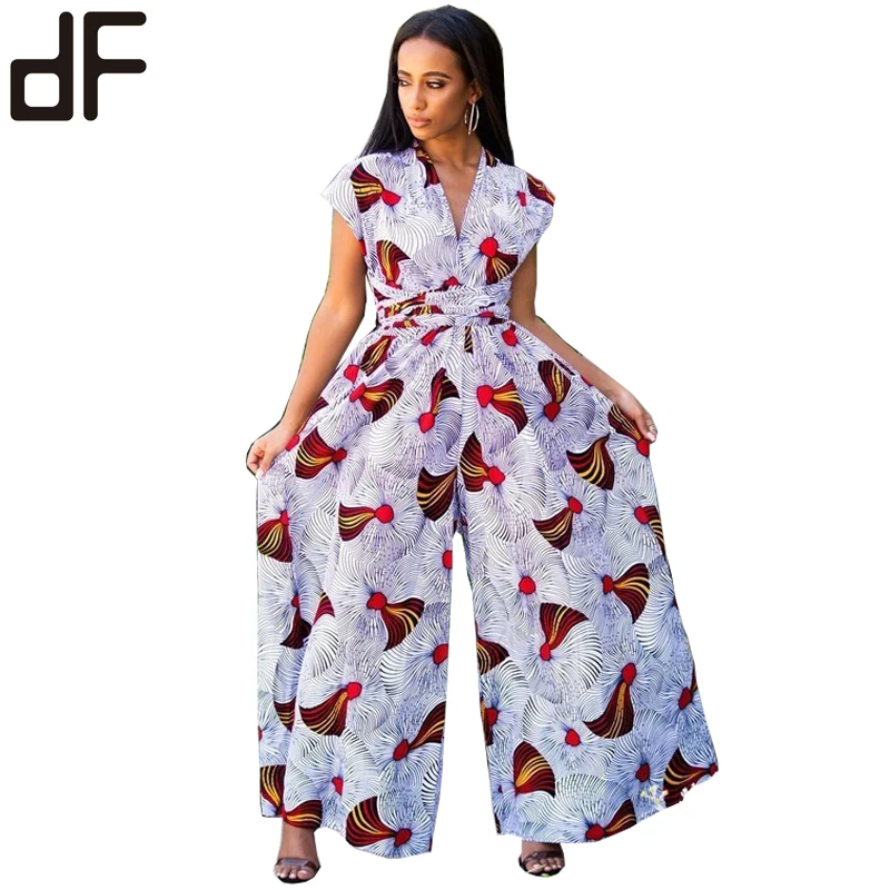 New Fashion Women's Jumpsuit Sexy V-Neck Sleeveless Kitenge Dresses African  Dashiki Clothing Printed Ladies Jumpsuits Polyester