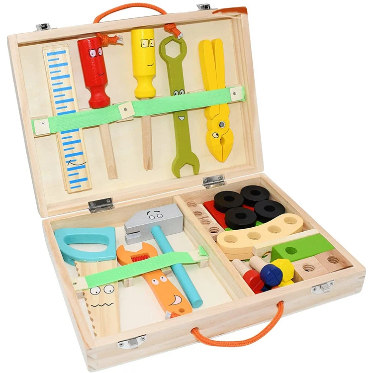 Joydom Wooden Tool Set for Kids, Wooden Tool Box with Colorful Tools, Creative DIY Wooden Toys Educational Construction for Todd