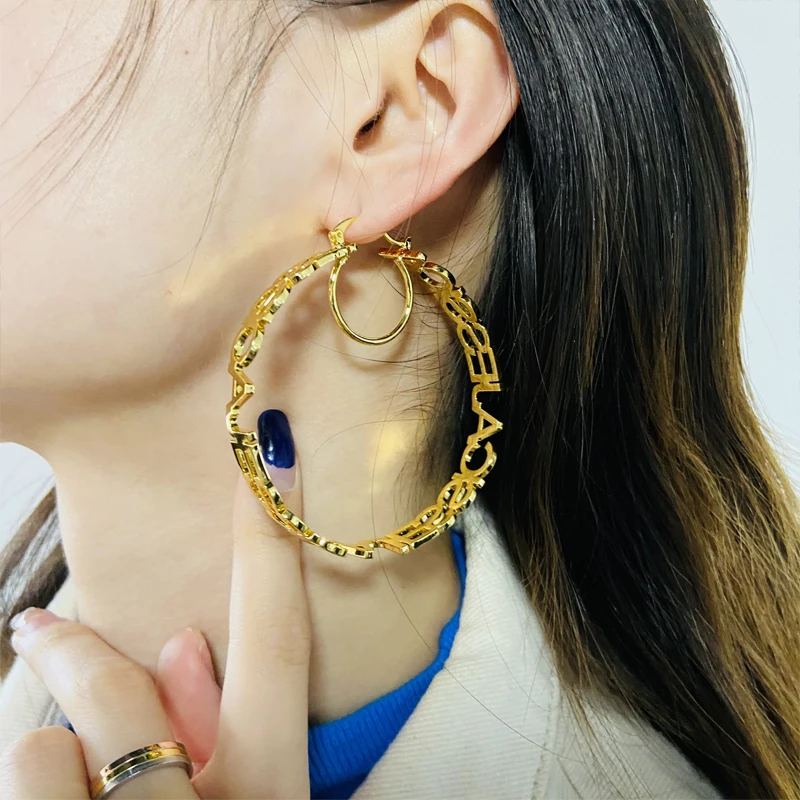 Custom Name Hoop Earring 18K Gold Stainless Steel Personalized Fashion Women Nameplate Alphabet Letter Big Circle Large Earrings