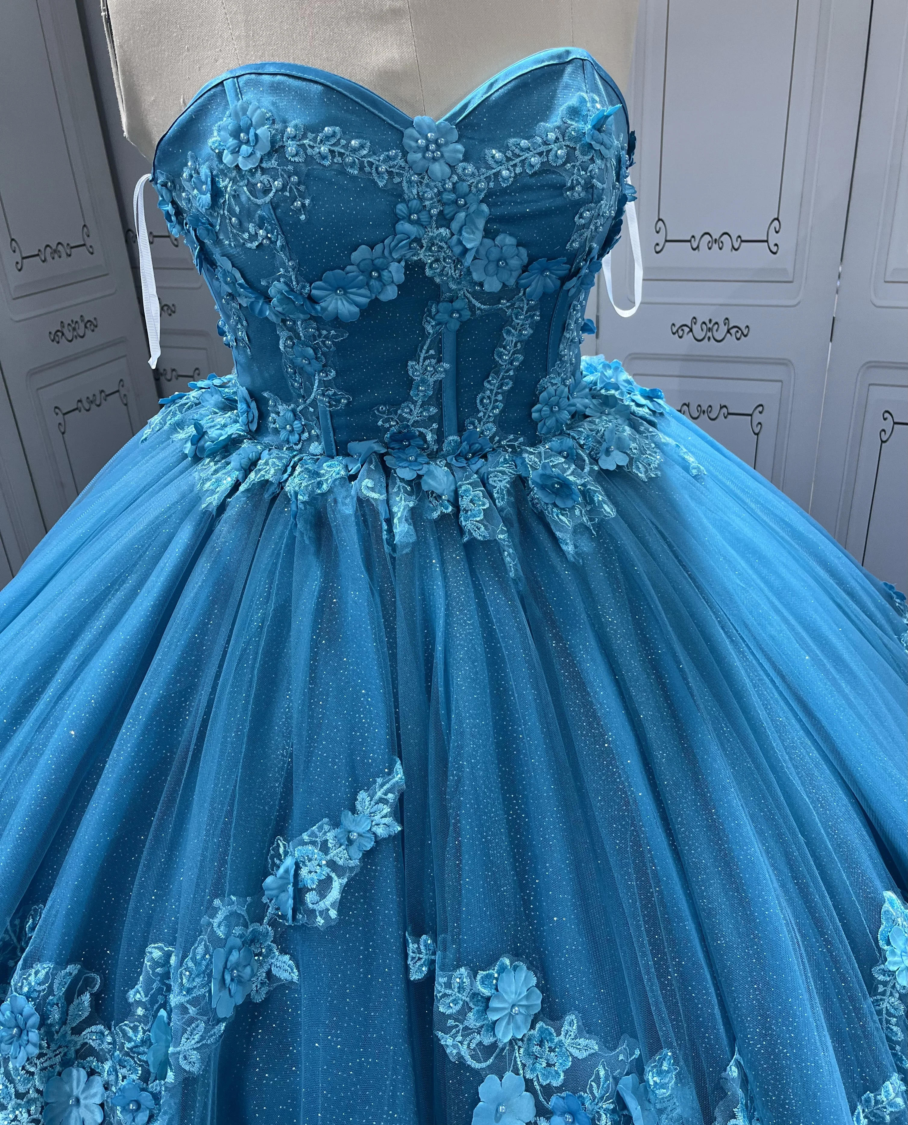 Mumuleo Sleeveless Blue Quinceanera Dresses Sweetheart Neck Vestidos De 15  Anos 3D Flowers Birthday Party Dress