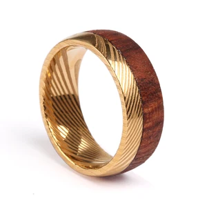Fashion Design Gold Plating Damascus Steel Rings With Solid Bubinga Wood Inlay Wedding Bands for Men