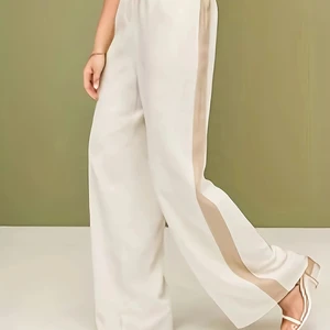 Women's Apricot High-Waisted Elastic Decorated Linen Blend Wide-Leg Sports Pants