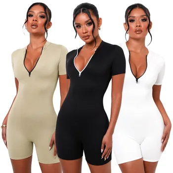 2024 Summer Women Clothing Zipper Patchwork  Backless Rompers Women One Piece Short Bodycon Jumpsuits