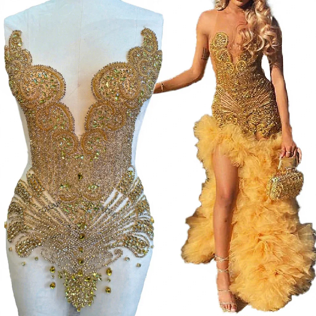 Factory Supplier Shiny Stones Diamante Gold Color Rhinestones Bodice Crystal Rhinestone Applique for Dresses Factory Supplier Shiny Stones Diamante Gold Color Rhinestones Bodice Crystal Rhinestone Applique for Dresses