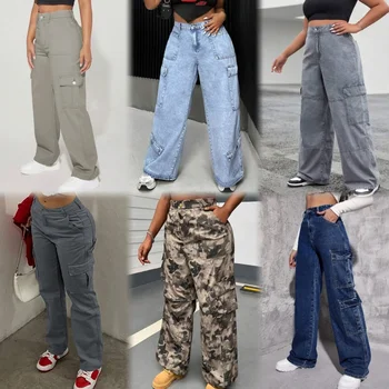 Wholesale custom OEM manufacturer Vintage pocket high waisted street loose casual women's long parachute overalls women's pants