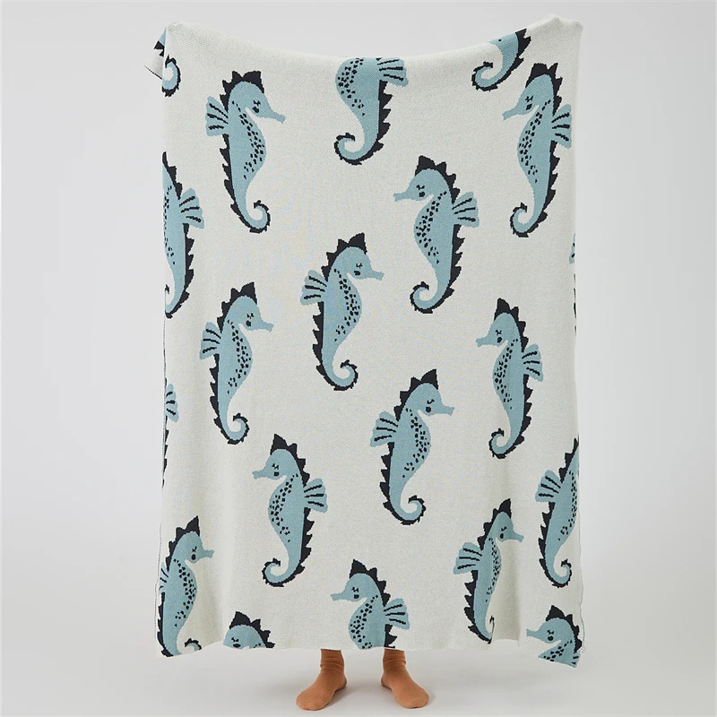 HM New Design Custom Soft Cartoon Ocean Animal Seahorse 100% Cotton Knitted Throw Blanket for Kids Home