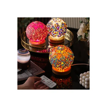 Moroccan Night Light Mosaic Glass Art Lamp with USB Charging Base Remote Control Touch Three Tone Lighting for Bedroom