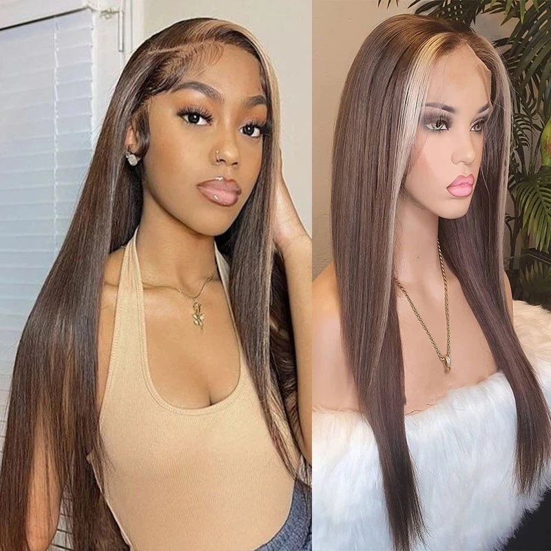 Honey Blonde Chocolate Brown Streaks Highlight Stripe Silky Straight 13X4  Lace Front Human Hair Wig Hd Lace Front Wigs For Women - Buy Human Hair  Wigs,Human Hair Wigs For Black Women,Bleached Knots