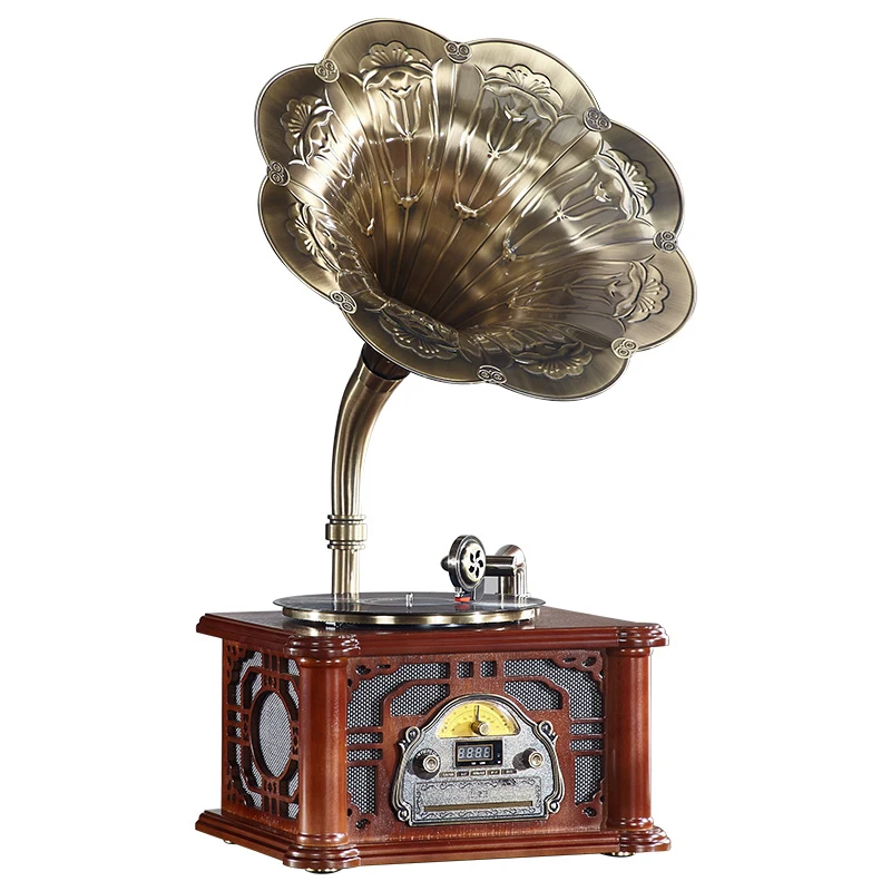 アンティーク蓄音機レコードプレーヤー 真鍮ホーン蓄音機オーディオ機器付きアンティークレコード