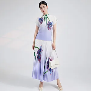 Miyake Printed Pleated Skirt and Short Sleeve Top Elastic Stretch 2-Piece Casual Set for Women for Summer