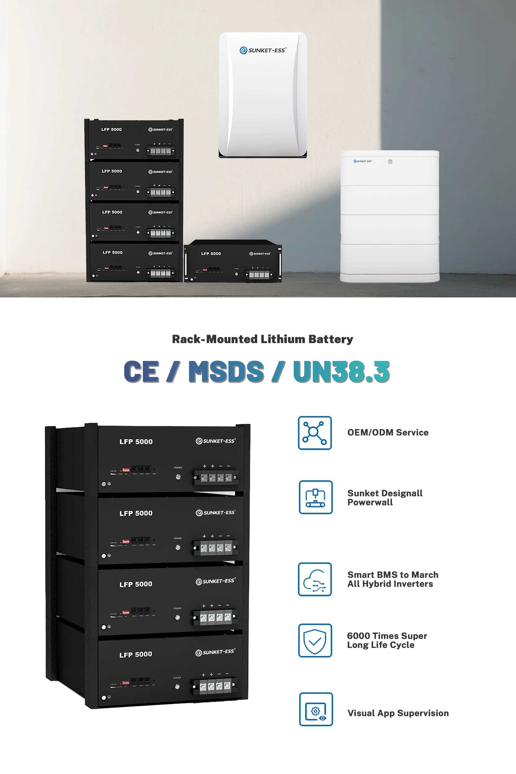 product sunket 48v 50ah lithium iron phosphate battery 5kw solar system hybrid grid connection home can communication port split type-2