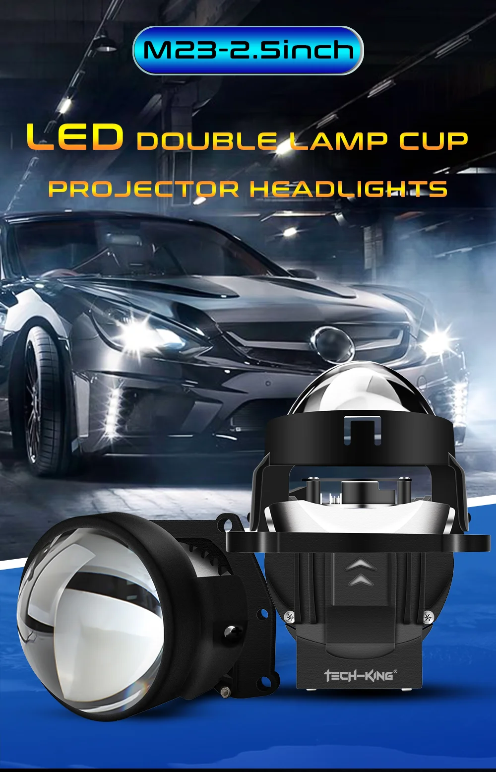 TECH-KING Factory Bi Led Lens Car LED Headlights Projection Lamp 2.5 Inch Lens 6+1 Chip High-power 130W Led Headlights H4 Lens