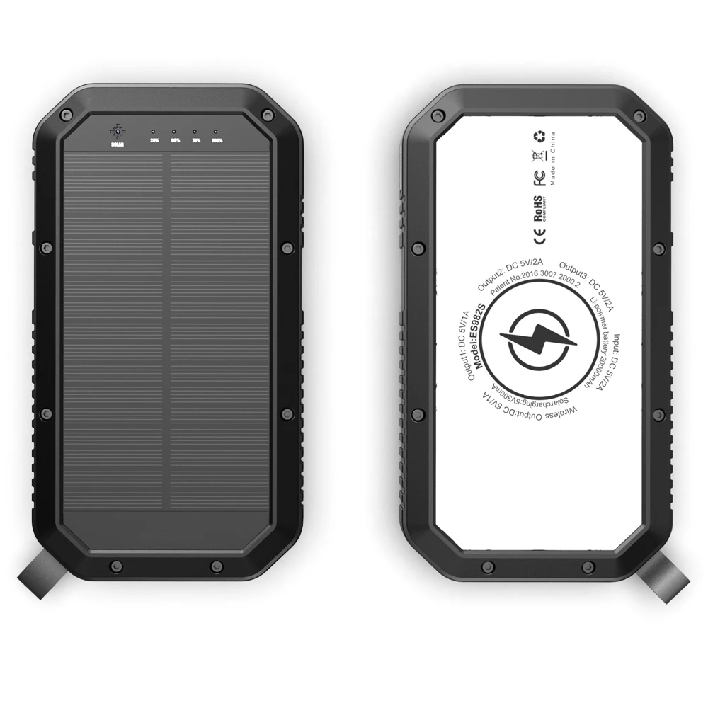 Portable solar power bank 20000mah Qi Wireless Charger Waterproof Flashlight Fast Charging powerbanks