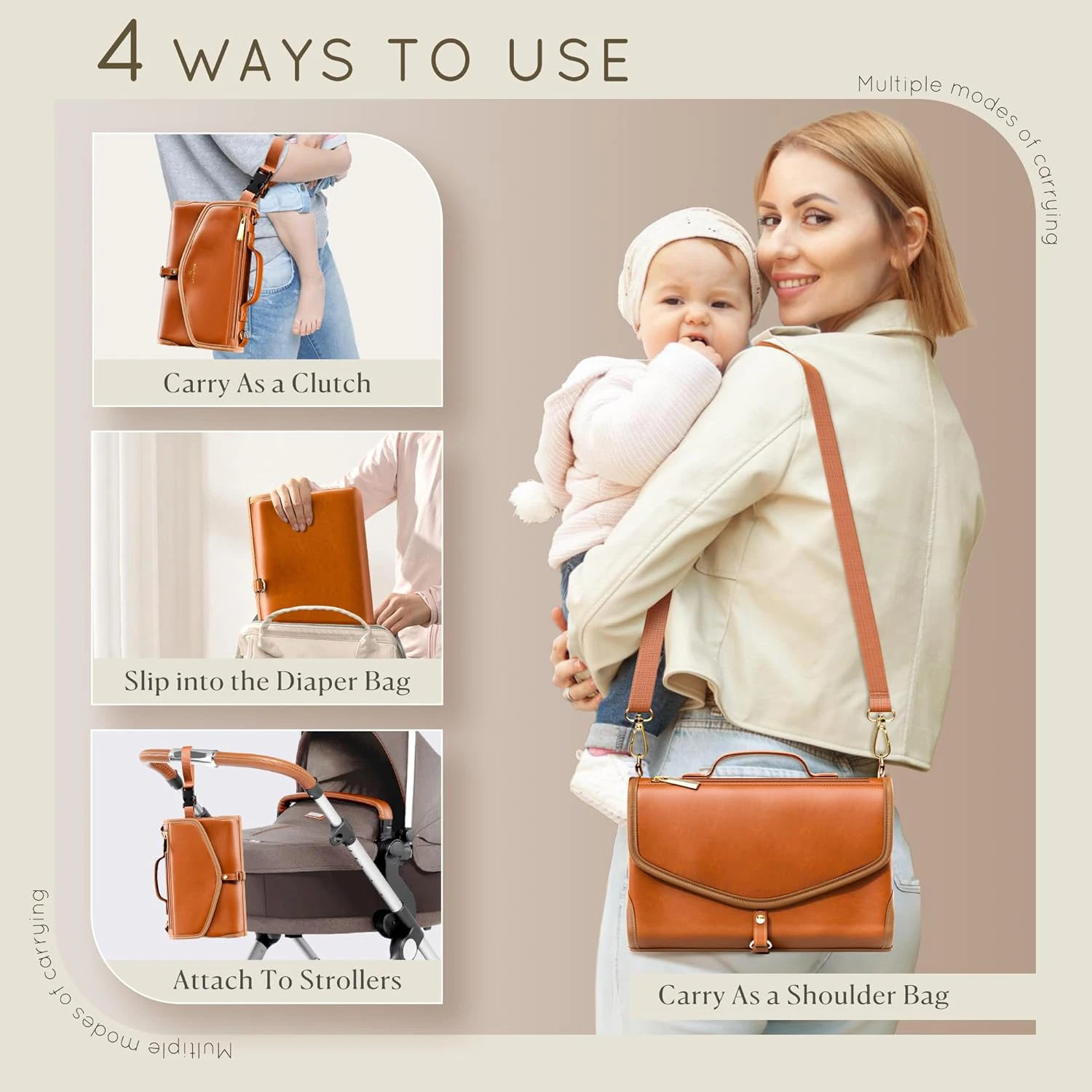 Portable Changing Pad with Shoulder Strap Vegan Leather Diaper Changing Pad with Detachable Travel Changing Pad
