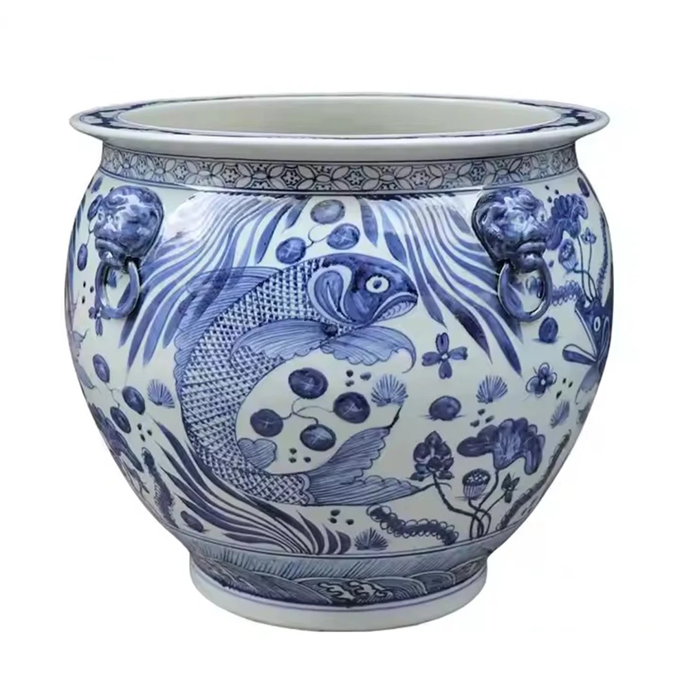 Antique Chinese Large Ceramic Planter Pot Hand Painted Blue and White Fish  Pattern Indoor & Outdoor Flower Pots & Planters