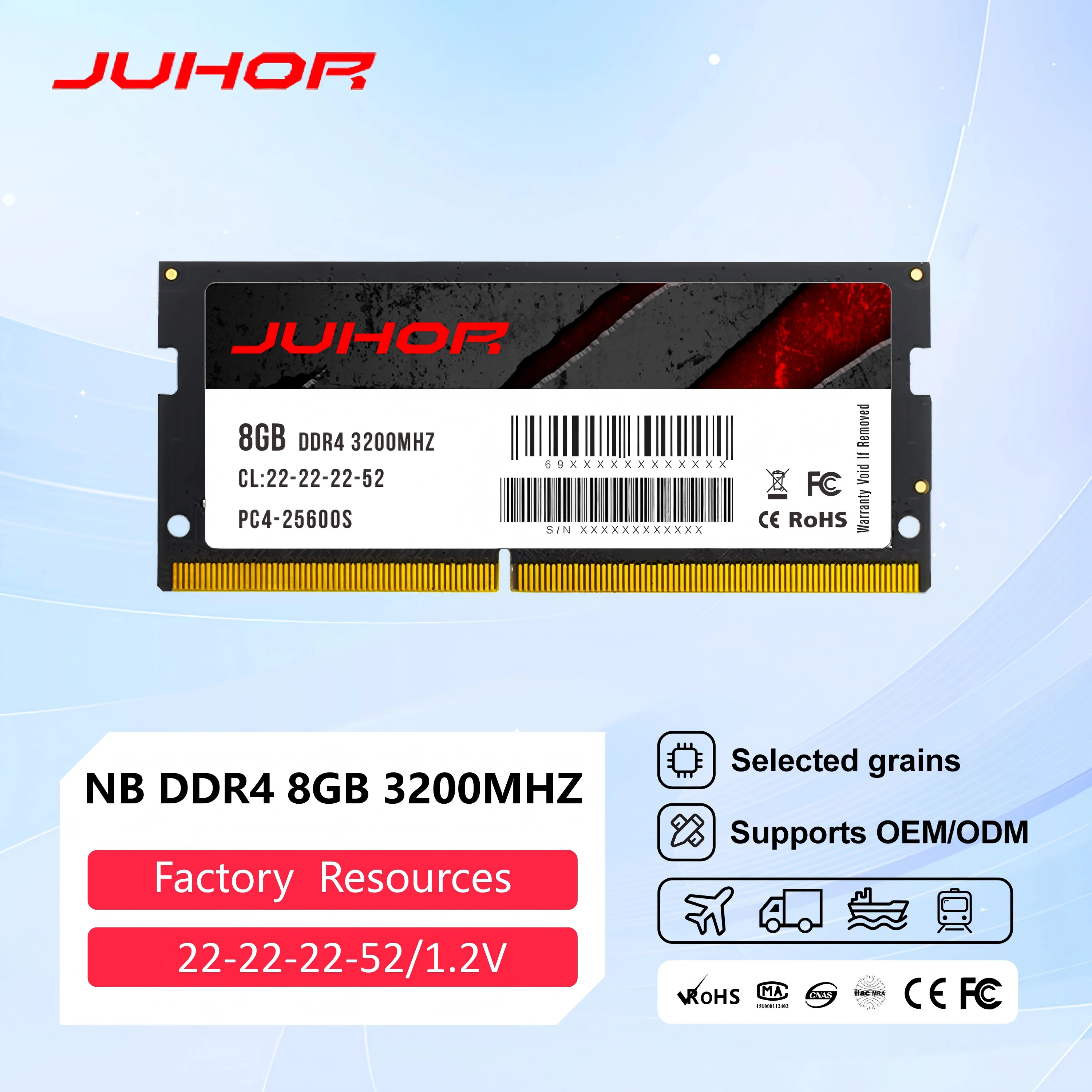 JUHOR DDR4 Ram 8GB 3200MHz SODIMM CE FCC RoHS ShenZhen Factory