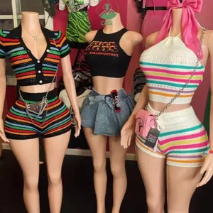 Viviblook Z1018ST07 Women Sexy Stripe Print Knitted Tops and Shorts Tracksuits Two Piece Shorts Set Women's Clothing Outfits
