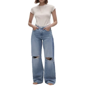 Custom  New Arrival Women Jeans High Rise Wide Leg Ripped Jeans Unfinished Hem Baggy Denim Pant