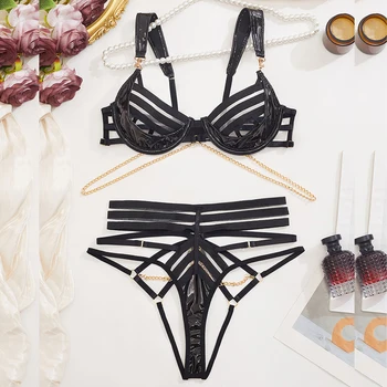 Women's Sexy Lingerie PU and Mesh Splice See-through Underwear Temptation Strap Luxury Panties Set