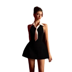 Boutique Wholesale Short Women's Dresses New Niche Design White Shirt Bow Tie High Waist Halter Sexy Black Casual Dresses