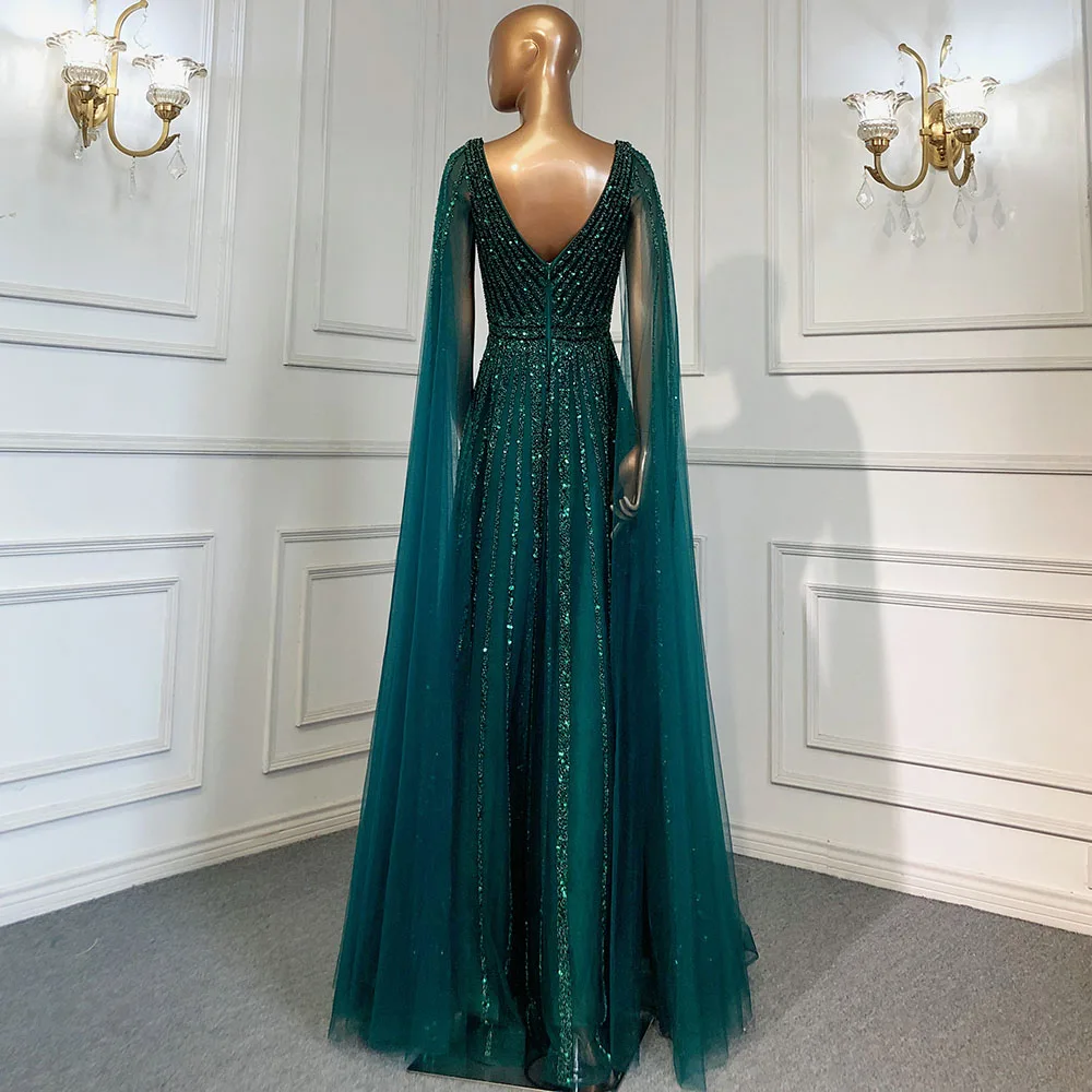4 Color Nude Green Arabic Luxury Cape Sleeves Evening Gowns A-Line Beaded  Sexy 2022 for Women Party Dresses