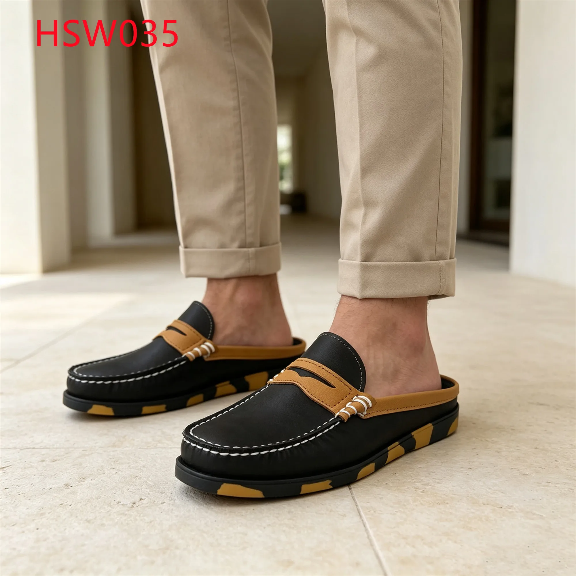 LXG,Walk Slowly Backless Design Hua Singh Leather Mule Shoes Holiday Trip Moccasin Construction Leather Penny Shoes HSW035