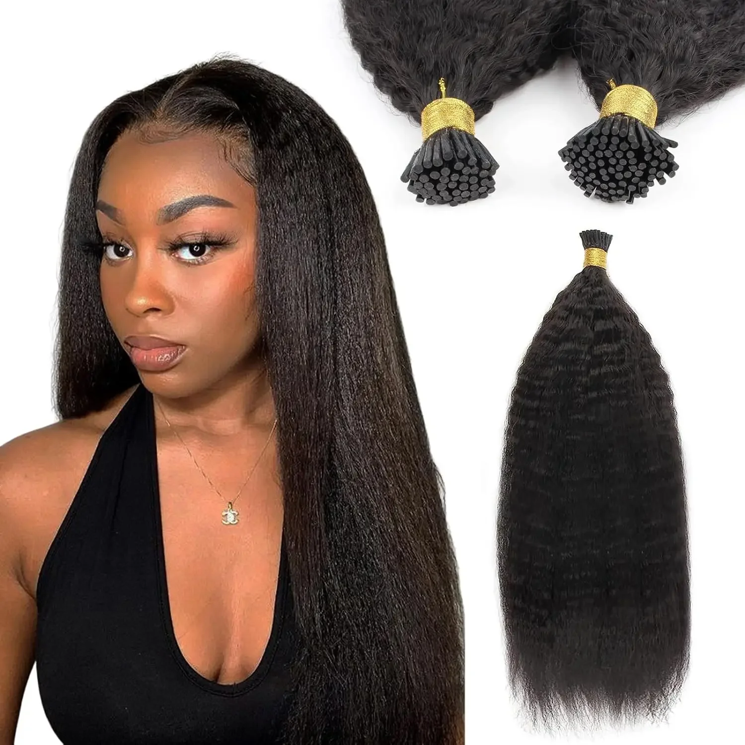 Brasilianische Kinky Straight I Tip Extensions Echthaar Weave Bundles Naturschwarz Farbe #1B 100 Gramm_voghion.com