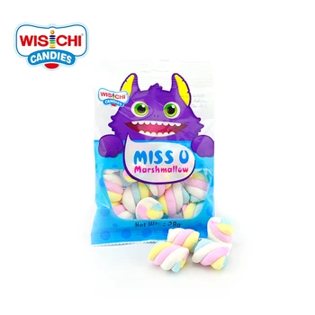 Free sample 28g christmas marshmallow colorful twist sweets wholesale fruity twist marshmallow cotton candy