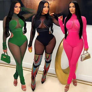 Hot sale Spring and Summer New Nightclub Style Sexy Mesh Long Sleeve Jumpsuit