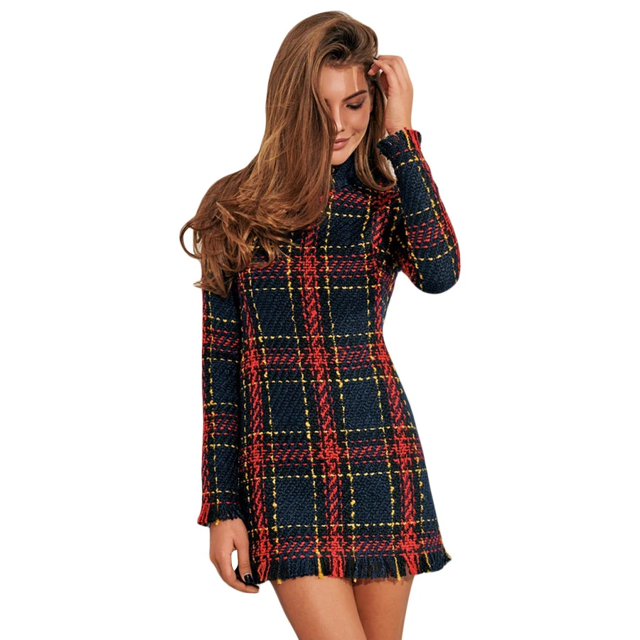 Hot Sale Long Sleeve Plaid Bodycon Mini 