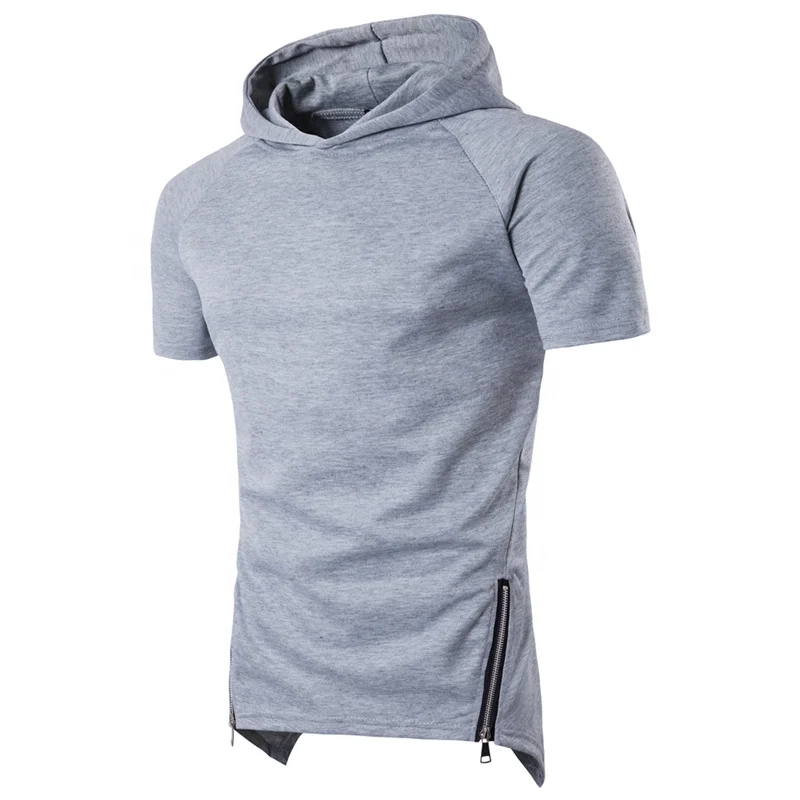 JL0429D Unique Cut Double Zip Pullover Short Sleeve Hooded Sweatshirt Short Sleeve Hood Shirts for Men