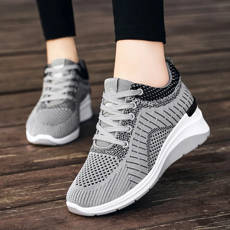 High Quality Latest Design Custom Logo Height Increasing Ladies Chunky Shoes Casual Mesh Wedge Shoes Women Sneakers Shoes