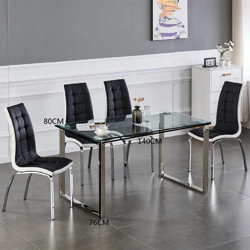New Design Modern Dining Room Furniture Silver Stainless Steel 12mm Thick Tempered Glass 4 Seater Modern Dining Table Set