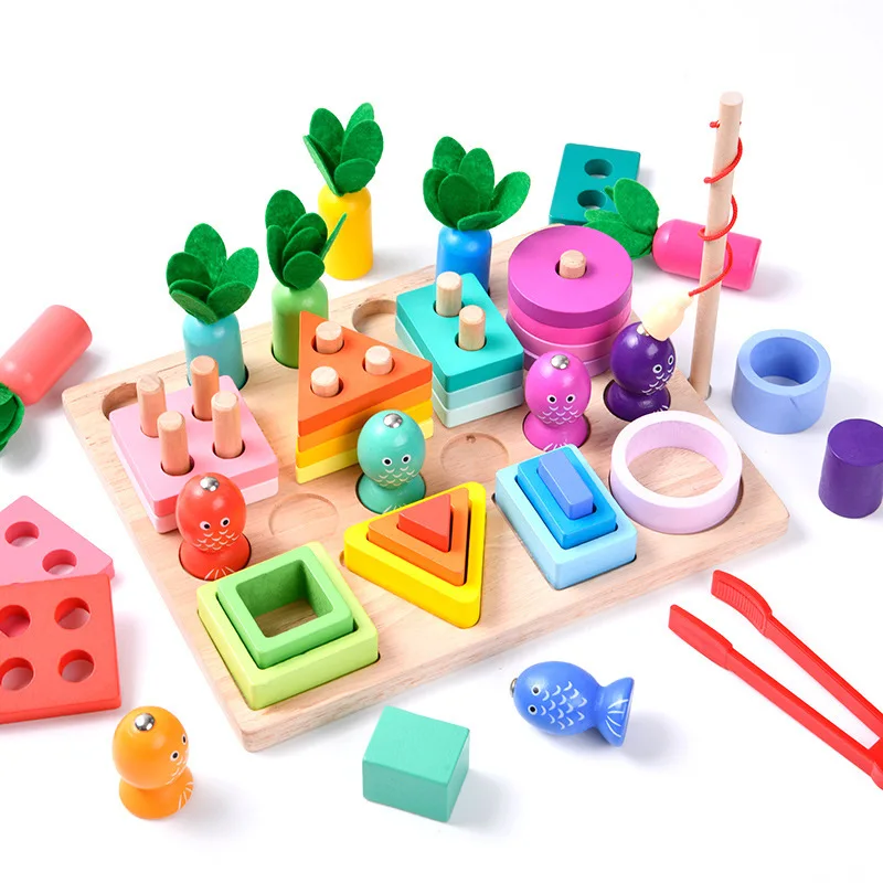 Magnetic Fishing Set 4 in 1 Column Building Block Carrot Fishing Game Montessori Shape Recognition Education Wooden Toys