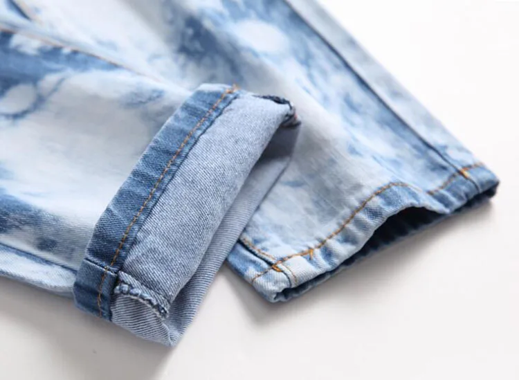 Wholesale Mens Light Blue Tie and Dyed Snow Washed Denim Jeans Streetwear Holes Ripped Slim Straight Pants