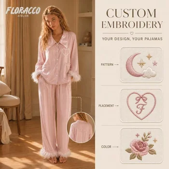 Custom Embroidery Satin Jacquard Women's Pajama Set Detachable Ostrich Feather Trim Long Sleeve Doll Collar Autumn Loungewear