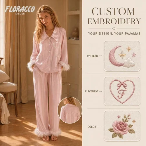 Custom Embroidery Satin Jacquard Women's Pajama Set Detachable Ostrich Feather Trim Long Sleeve Doll Collar Autumn Loungewear