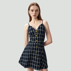 Women's Elegant Summer Mini Dress Gingham Woolen with Spaghetti Strap Modest Style Metal Button Detail Sleeveless