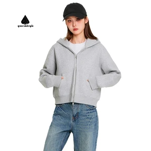 New Women's Retro Hoodie Boxy Fit Cropped Cotton Fleece Double Zipper Plain Blank Cotton Polyester Blend Breathable Autumn