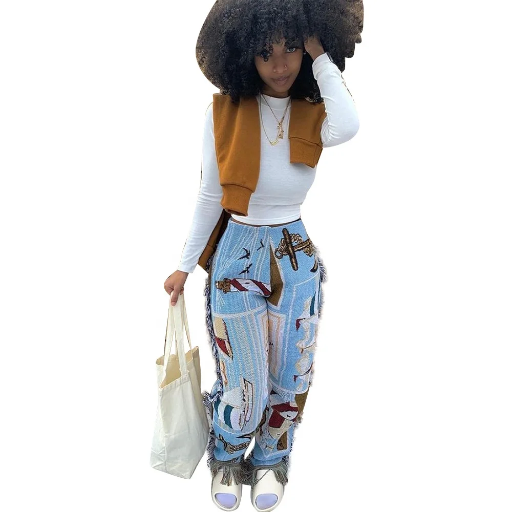 Side Tassels Patchwork Striped Print Jogger Pant Women Rave Festival Clothing 2021
