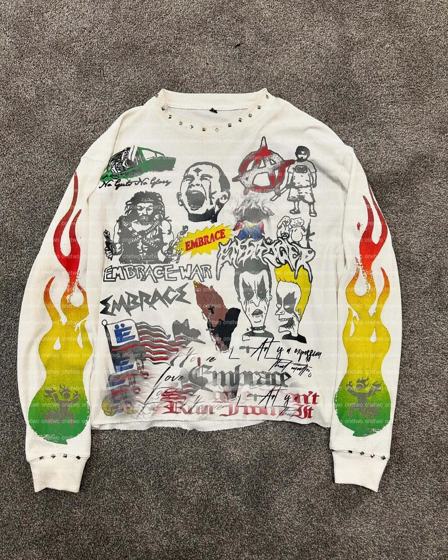 Salati Custom Tshirts Oversized Graphic Graffiti Printed Drop Shoulder Thermal Waffle Knit T-shirts Long Sleeve T Shirts for Men gallery 2