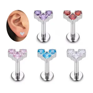 Flat Back Earring Women Fashion Helix Piercing 16G Zircon Heart Labret Piercing Lip Ring Stainless Steel  Body Jewelry for Women