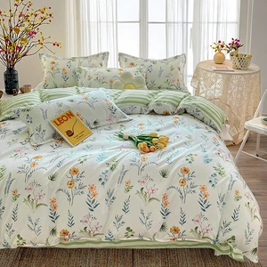 New Arrival Luxury Modern Printed 4PC Plant Flower Pattern King Size Eco-Friendly Bedding Set Home Washed Cotton Duvet Cover Set