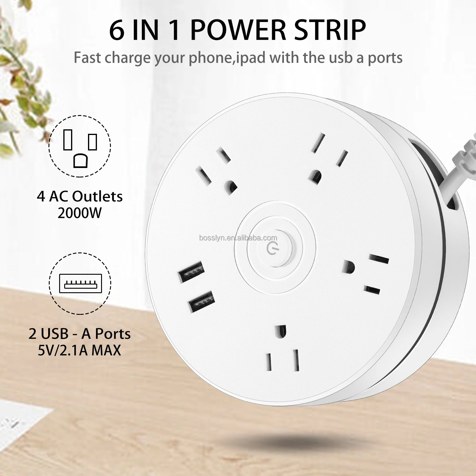 US Round Wall Charger 4 AC Outlets with 2 USB and Switch Wire Length 1.8 Meters Wall Socket Extender with USB DC 5V 2.0A Output