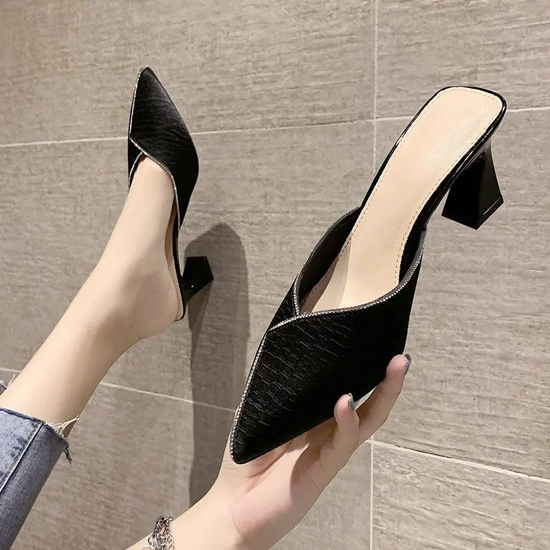 NEW Point Head Sandals with Diamond Summer Women's High-heeled Shoes with Thick Heels and Wrapped Half slippers