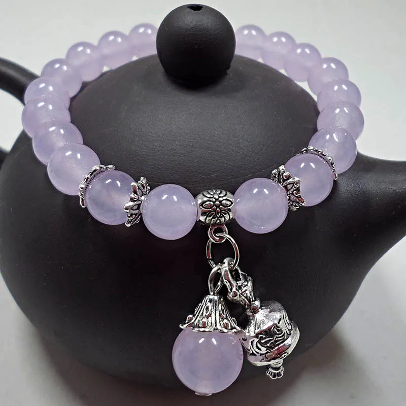 8 MM Light Purple Crystal Bracelet for Women Vintage Silver Alloy Vajra Bell Charm Beaded Bracelet