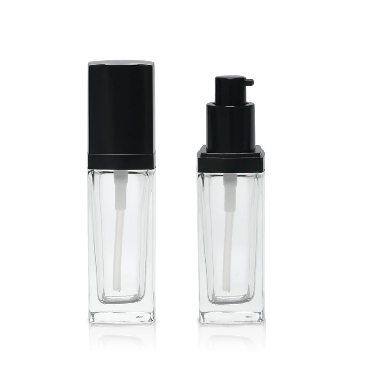 30ml Square Clear Glass Liquid Foundation Bottle with Black Plastic